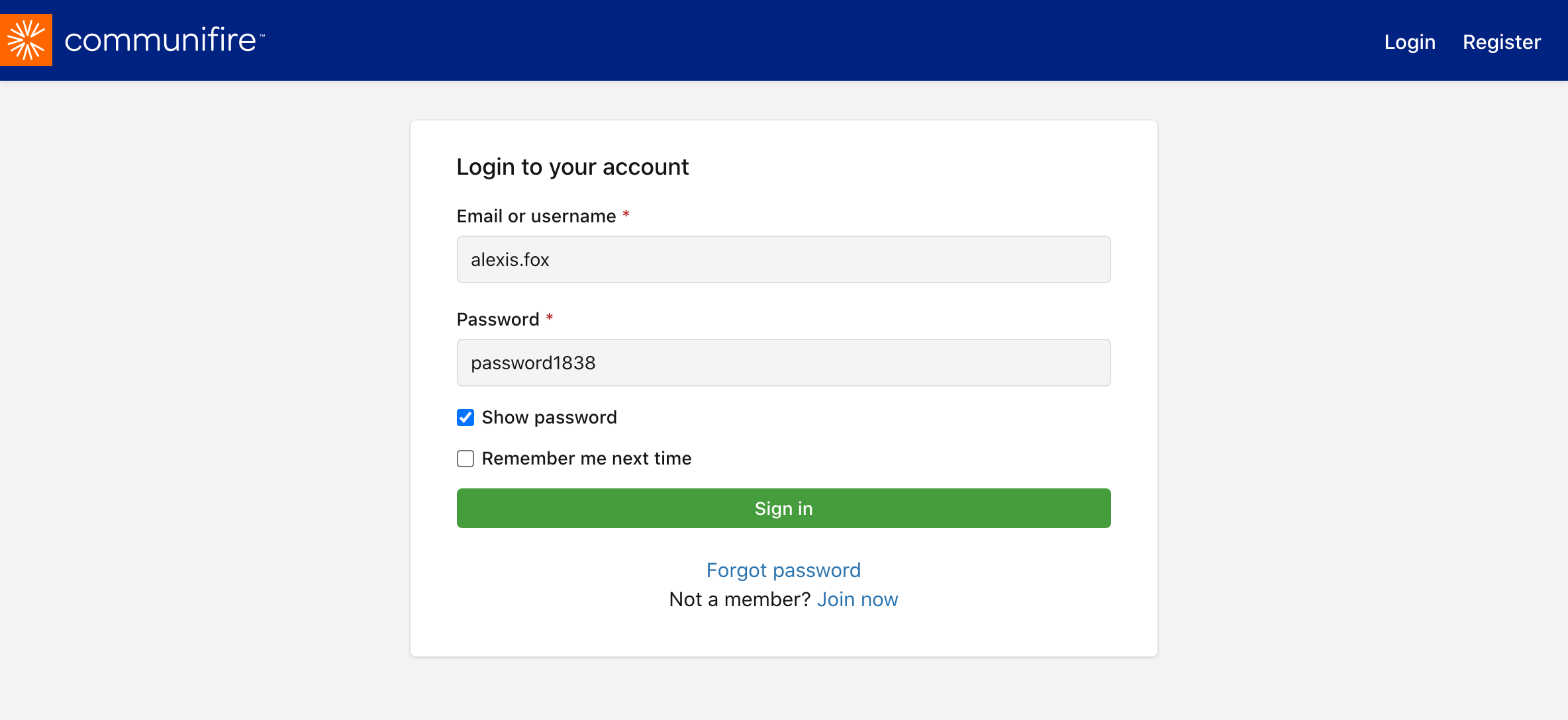Login page with Show password checked