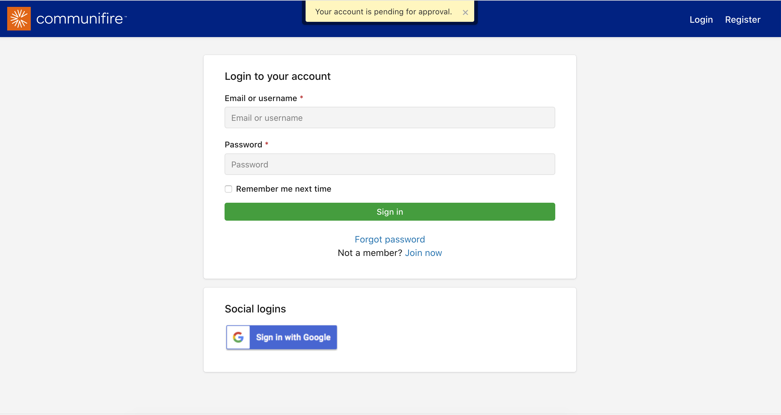 Login page with "Your account is pending approval" message