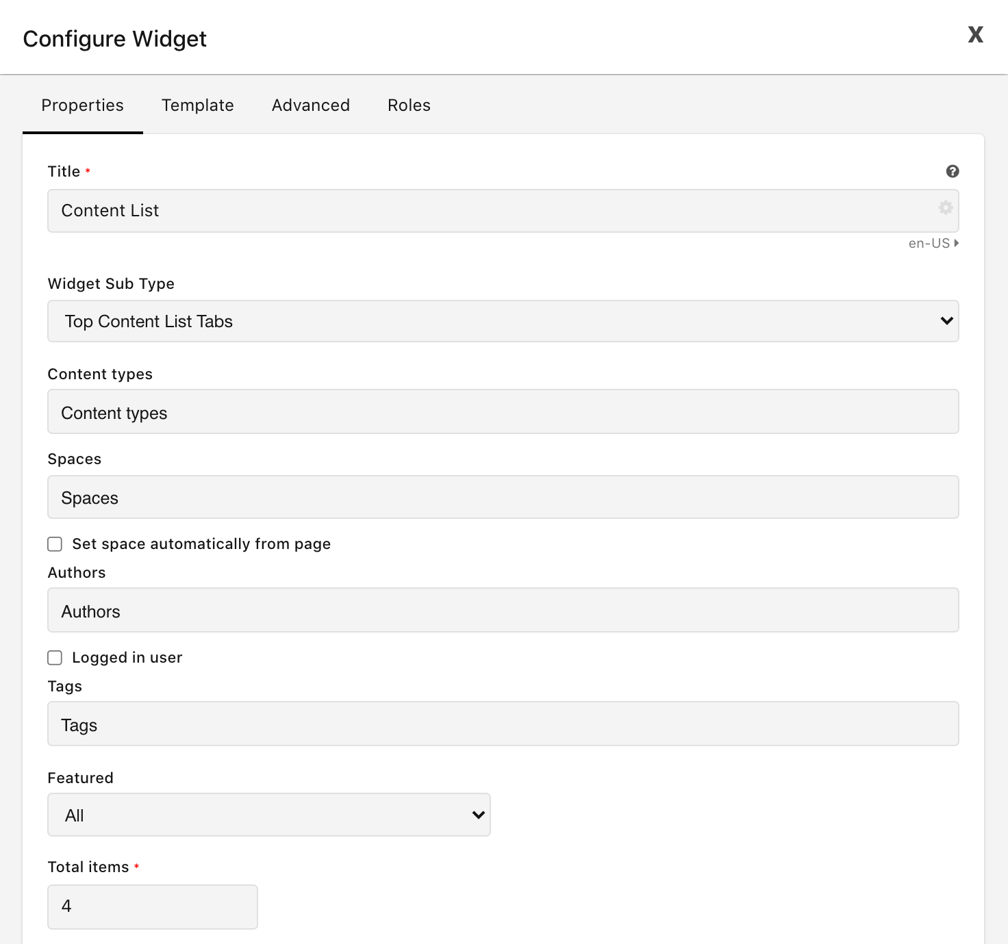 Top Content List Tabs widget configuration