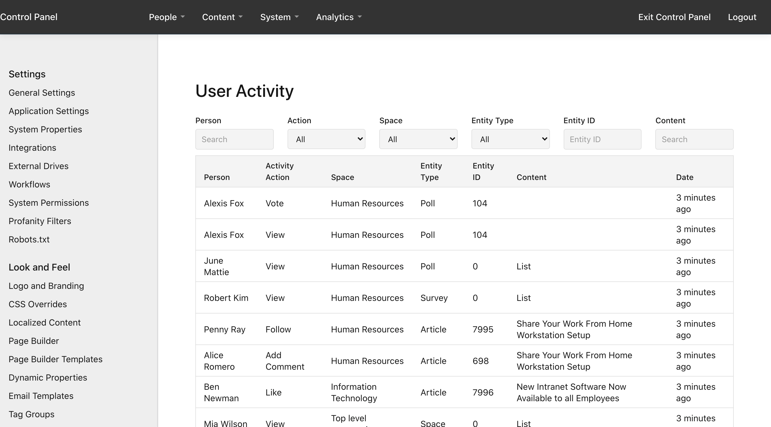The user activity page