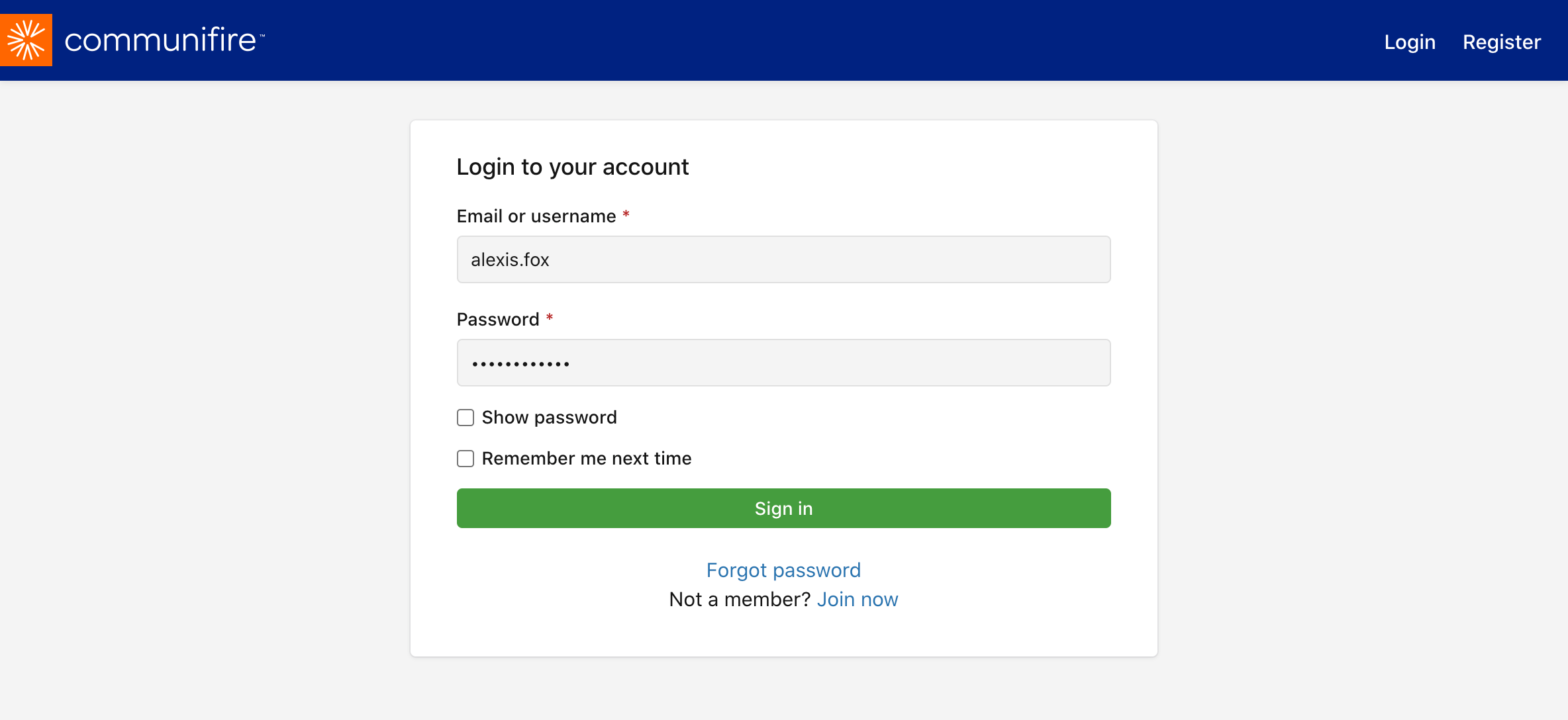 Login page with Show password unchecked