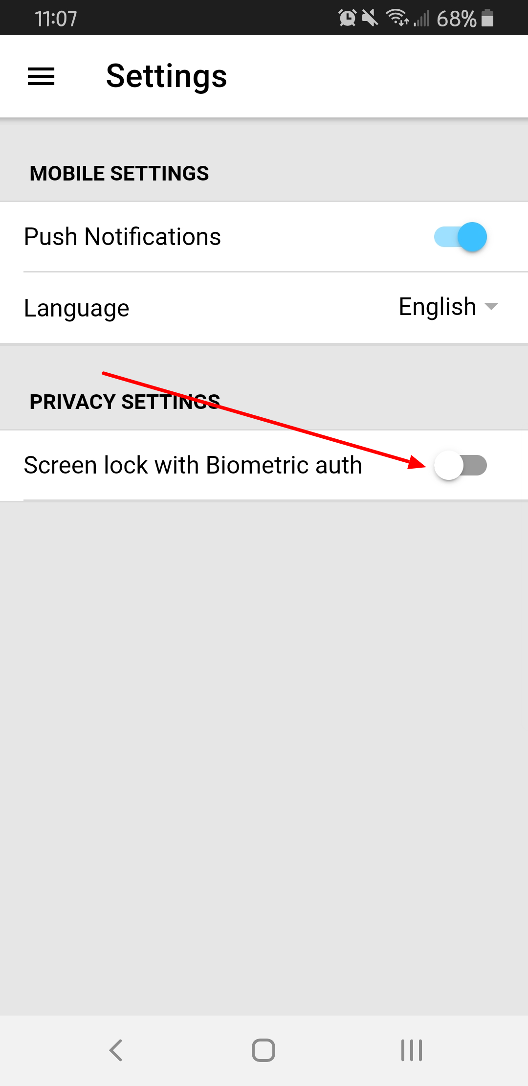 Toggle "Screen lock with Biometric auth"