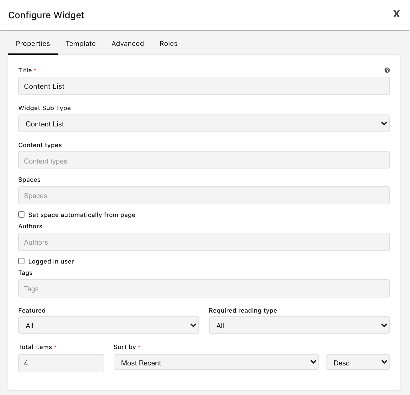 Content List widget configuration