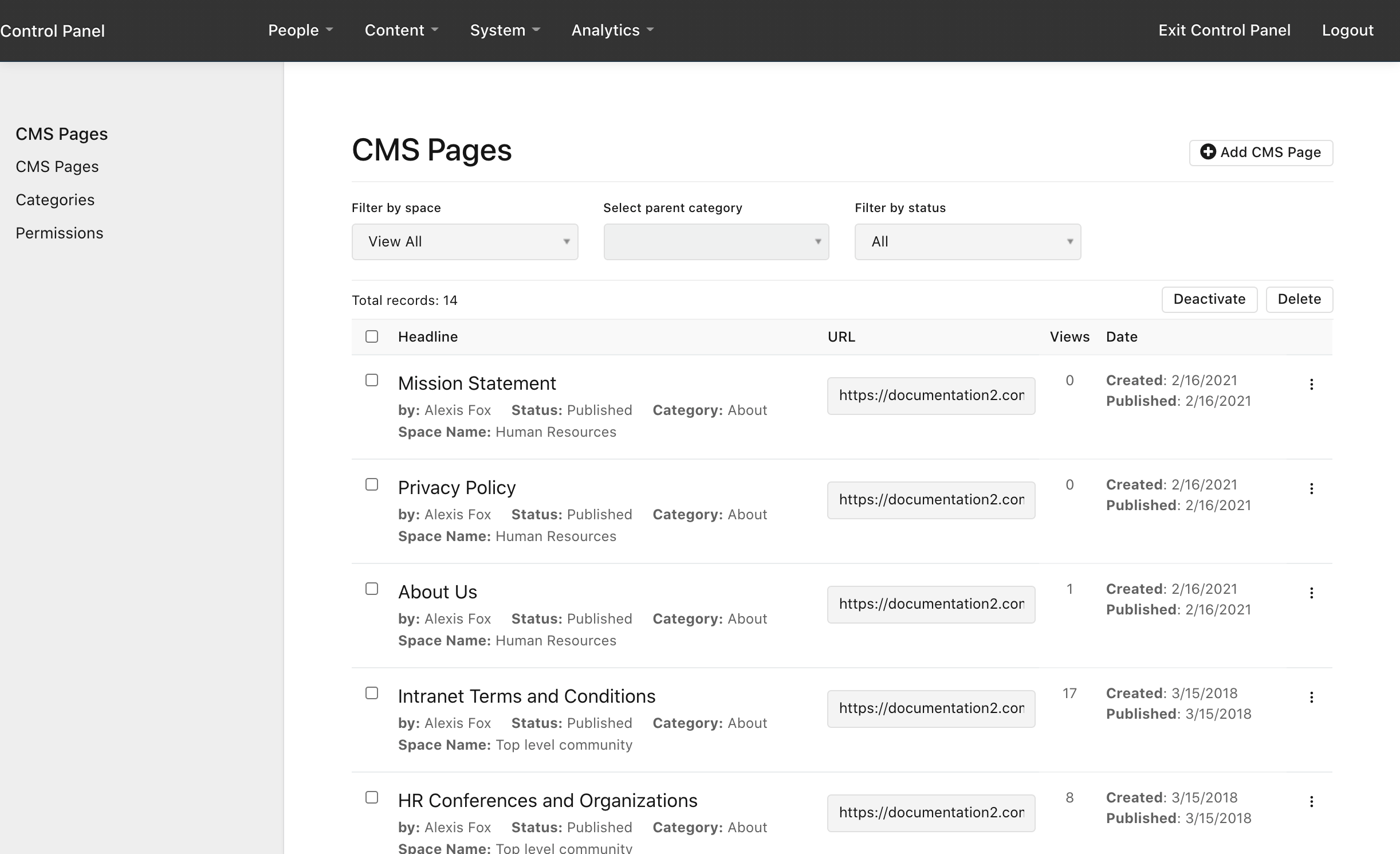 Control Panel > Content > CMS Pages