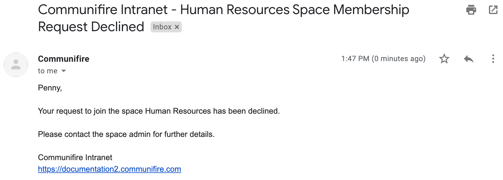 Space join request declined email