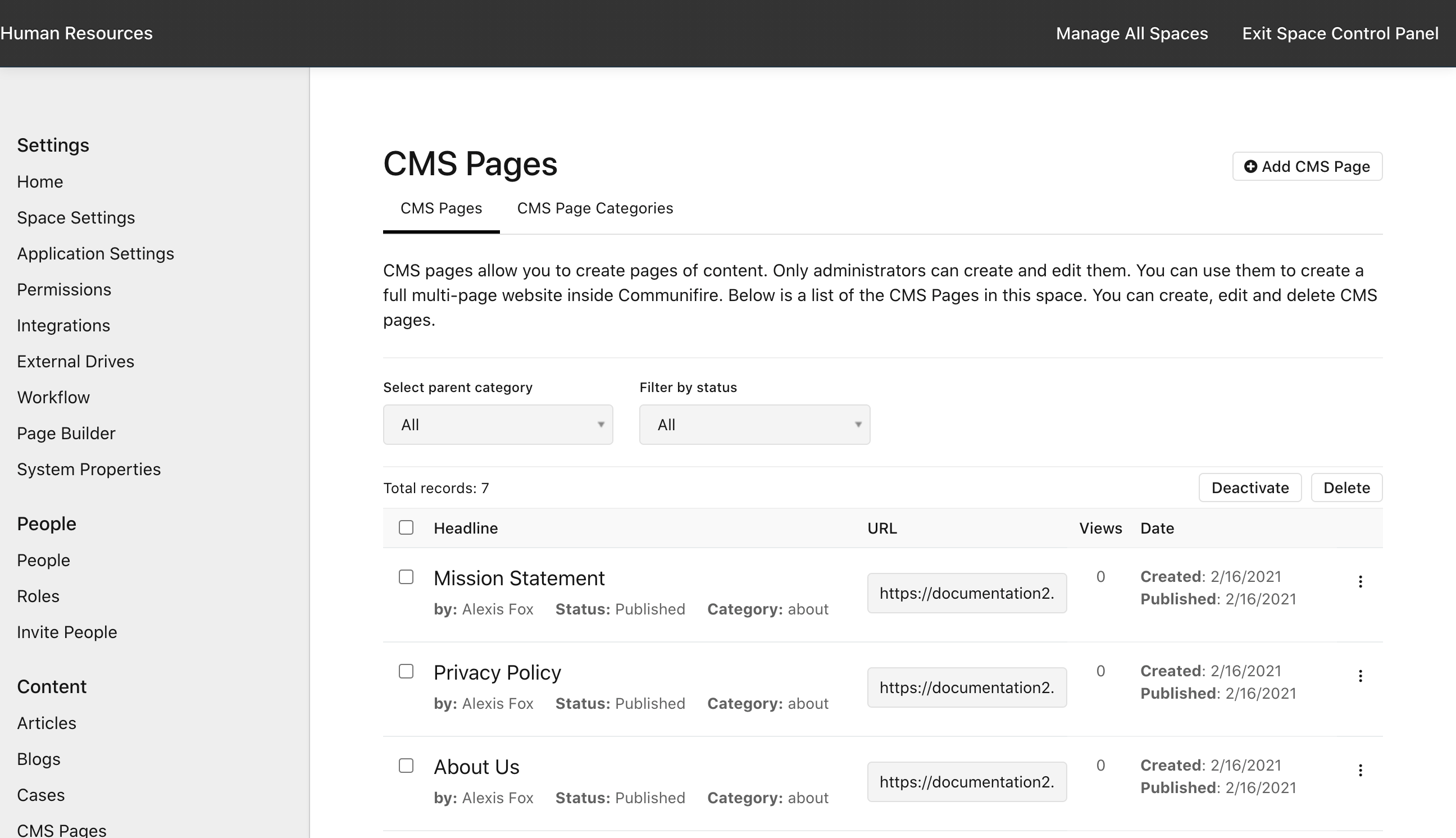 Manage Space: CMS Pages
