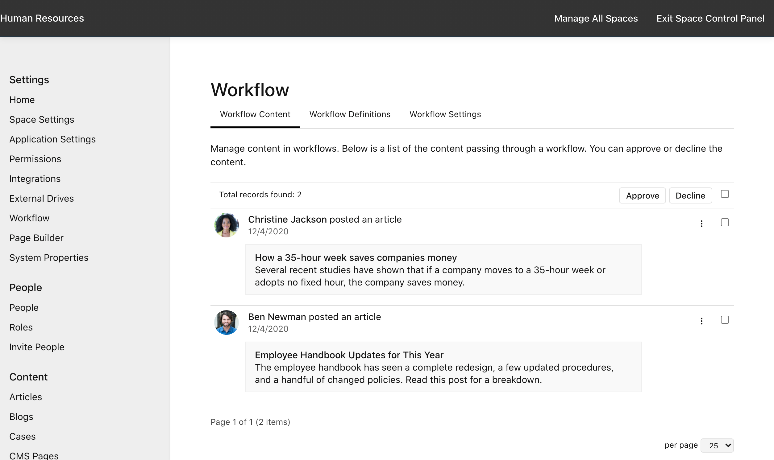 Manage Space > Workflow